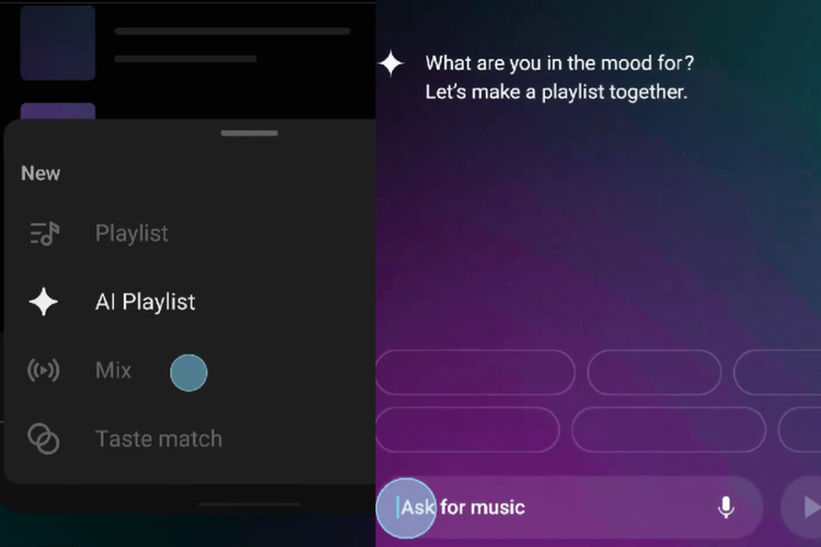 Tangkapan layar cara mengakses fitur YouTube AI Playlist di YouTube Music. 