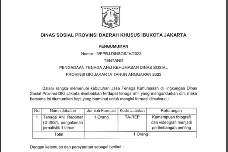 Lowongan kerja Dinsos DKI