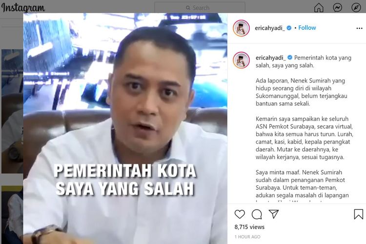  Wali Kota Surabaya Eri Cahyadi memberi pengarahan kepada seluruh jajaran Aparatur Sipil Negara (ASN) di lingkungan Pemerintah Kota (Pemkot) Surabaya setelah mendengar laporan bahwa ada warganya yang tidak pernah menerima bantuan selama pandemi Covid-19.