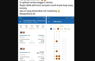 Tangkapan layar unggahan bernarasi tiket kereta api di aplikasi KAI Access tertera sisa 2, ternyata masih banyak kursi yang kosong.