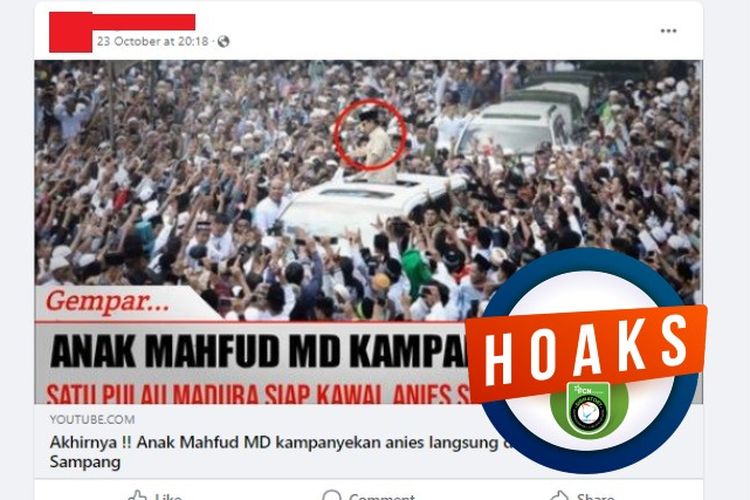 Tangkapan layar Facebook narasi yang menyebut anak Mahfud MD mengkampanyekan Anies Baswedan di Madura