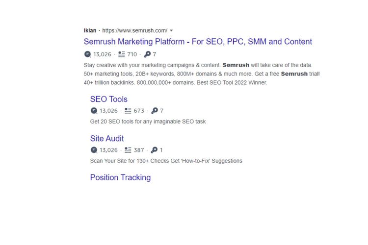 Ilustrasi contoh SEM (Search Engine Marketing). Bagian yang bertuliskan Iklan merupakan contoh SEM di mesin pencari Google.