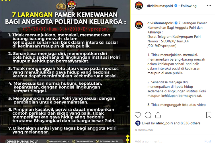 Tangkapan layar 7 larangan pamer kemewahan bagi anggota Polri dan keluarganya dari Instagram Divisi Humas Polri.