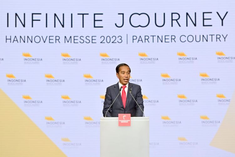 Presiden Jokowi menghadiri Hannover Messe 2023 di Hanover, Jerman, Minggu (16/4/2023).