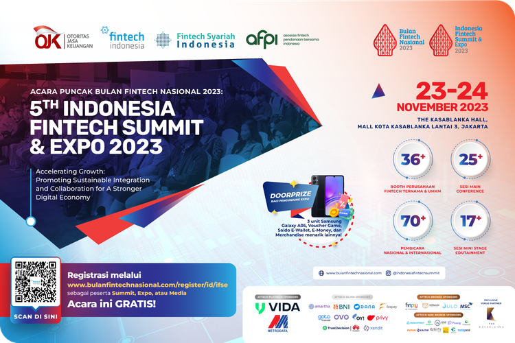 Sebagai acara puncak perayaan BFN 2023, Asosiasi Fintech Indonesia (Aftech) menggelar 5th Indonesia Fintech Summit and Expo (IFSE) 2023 yang akan diselenggarakan di The Kasablanka Hall, Mal Kota Kasablanka, Jakarta, Kamis (23/11/2023) dan Jumat (24/11/2023). 