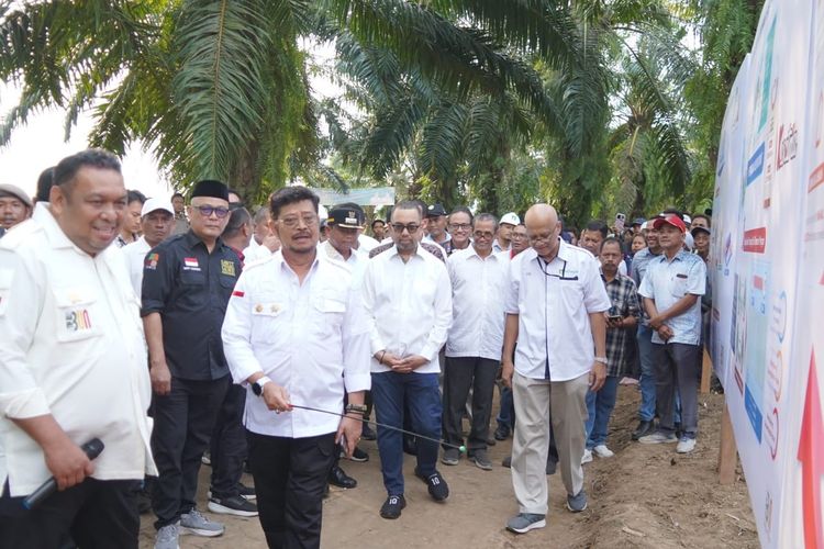 Menteri Pertanian (Mentan) Syahrul Yasin Limpo (SYL) dalam agenda penanaman kelapa sawit program Perkebunan Partisipatif (Pasti) di Dusun IV Desa Bahsidua Dua, Kecamatan Serbajadi, Kabupaten Serdang Bedagai, Provinsi Sumatera Utara (Sumut)