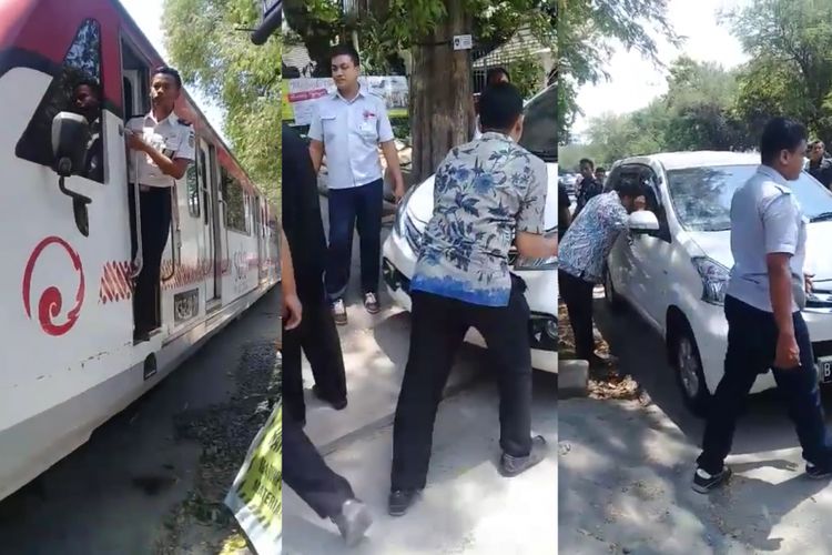 Cuplikan video yang menggambarkan warga tengah berusaha memindahkan mobil yang parkir di atas rel Jalan Slamet Riyadi, Solo, Jawa Tengah.