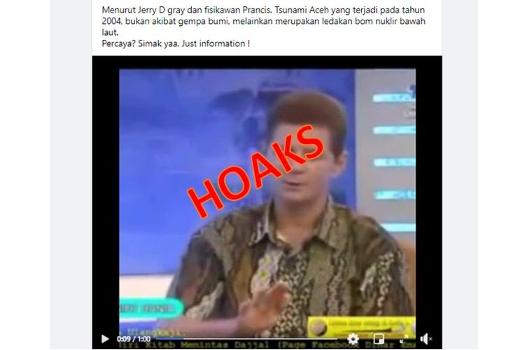 Tangkapan layar unggahan hoaks yang menyebut tsunami Aceh 2004 disebabkan oleh ledakan nuklir bawah laut