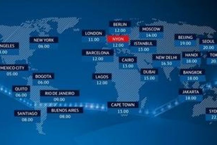 Jadwal pengundian babak 16 besar Liga Champions berdasarkan zona waktu.