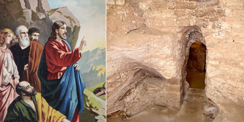 Foto kanan adalah goa yang diyakini merupakan rumah masa kecil Yesus Kristus di Nazareth, Israel. Tempat itu kini sudah menjadi Biara Sisters of Nazareth. Foto kanan adalah Yesus saat dewasa bersama para murid-Nya.