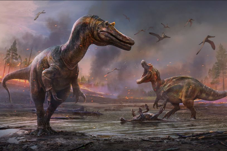Ilustrasi menggambarkan dua spesies baru dinosaurus predator. Ceratosuchops inferodios di depan dan Riparovenator milnerae di bagian belakang. Dua fosil dinosaurus ini ditemukan di Inggris.