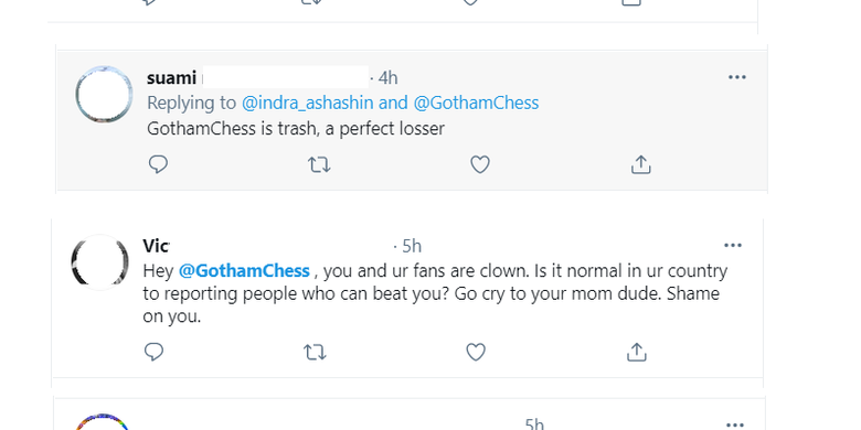 Screenshot of Indonesian netizens bombarding Chess.com Grand Master Levy Rozman's Twitter account @GothamChess