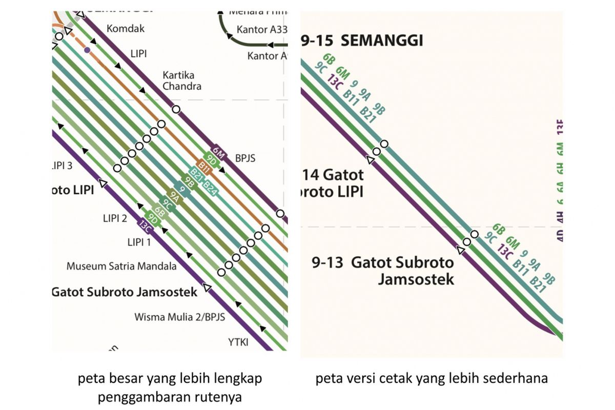 Perbedaan peta terintegrasi. Untuk peta versi cetak, ada penyederhanaan garis.