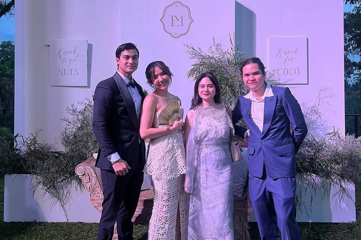 Aktor Cinta Brian ditemani oleh penyanyi Gisel Anastasia saat menghadiri acara pernikahan Luna Maya dan Maxime Bouttier di Ubud, Bali. Di sebelahnya ada pasangan Tissa Biani dan Dul Jaelani.