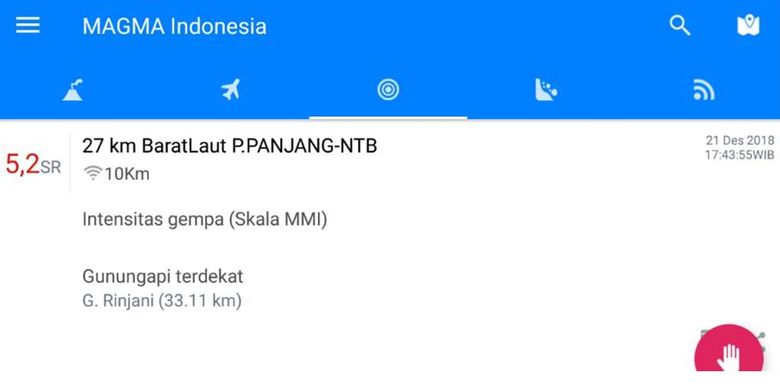 Tampilan menu informasi gempa bumi di aplikasi Magma Indonesia