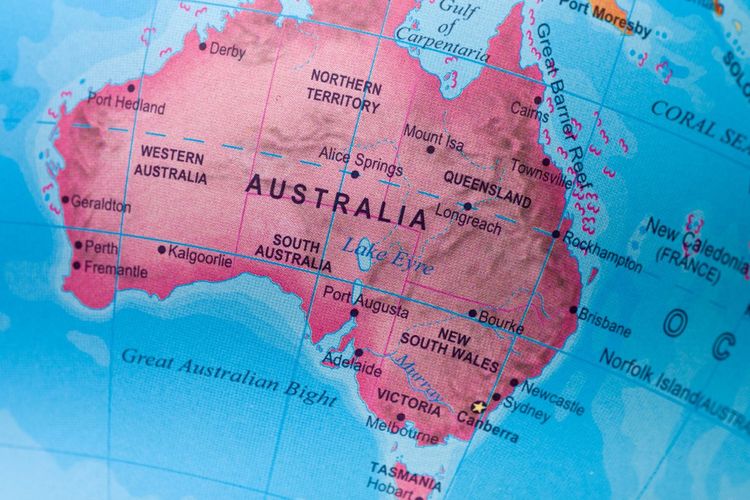 Ilustrasi peta benua Australia. Australia disebut salah satu tempat yang aman dari gempa Bumi.