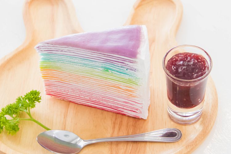 ilustrasi rainbow mille crepes, ide hadiah kue untuk hari ibu. 