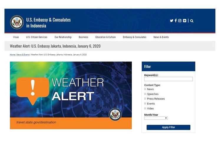 Tangkapan layar situs Kedubes dan Konsulat AS yang berisi informasi adanya perkiraan hujan lebat dan angin kencang melanda Jakarta.