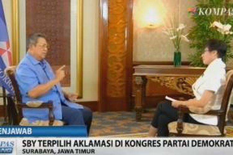 Susilo Bambang Yudhoyono (SBY) yang kembali terpilih menjadi Ketua Umum Partai Demokrat 2015-2020 saat diwawancarai Pemimpin Redaksi Kompas TV Rosianna Silalahi, Kamis (14/5/2015).