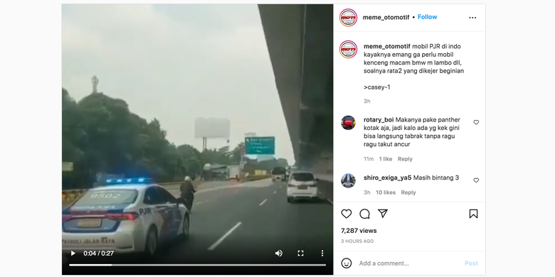 Viral aksi kejar-kejaran pengendara motor matik dan pjr di ruas tol Jakarta Cikampek (Japek) Km 33, Cibatu Kecamatan Cikarang Selatan.