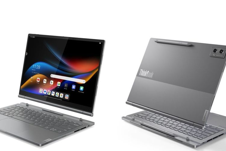 Lenovo ThinkBook Plus Hybrid berupa tablet Android yang dapat digunakan secara mandiri atau dipasang ke docking keyboard untuk berfungsi sebagai laptop Windows