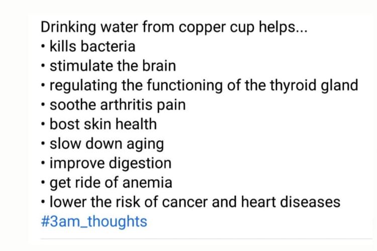 Status Facebook keliru soal minum air dari cangkir tembaga mendatangkan sejumlah manfaat bagi kesehatan.
