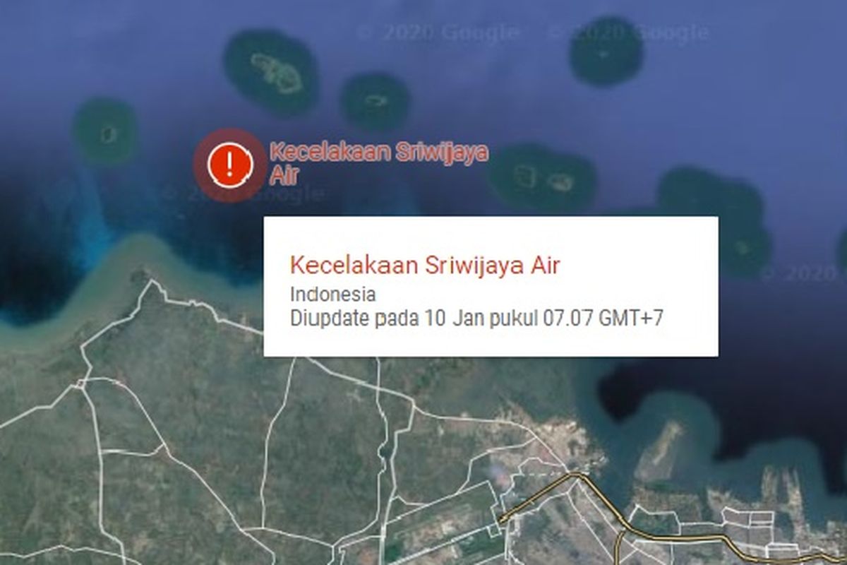 Lokasi kecelakaan pesawat Sriwijaya Air SJ182 muncul di google maps dengan simbol SOS alert.