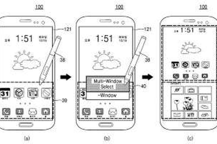 Ilustrasi ponsel dengan dua sistem operasi yang berjalan secara bersamaan, dalam dokumen paten yang diajukan Samsung. 