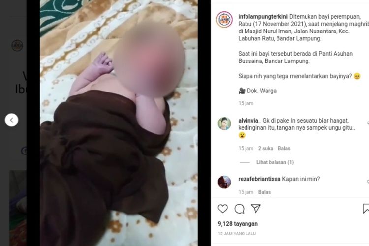 Tangkapan layar unggahan video bayi dibuang di masjid di Bandar Lampung yang viral di media sosial. 