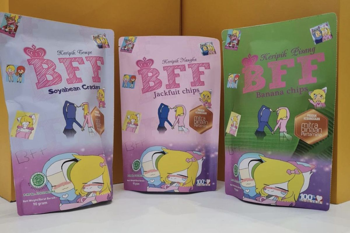 Produk keripik olahan Nurchaeti dengan merek Best Friend Forever.