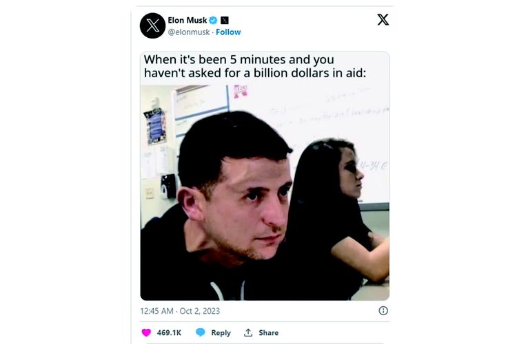 Tangkapan layar posting Elon Musk berupa meme bergambar Zelensky pada Senin (2/10/2023). Ukraina marah dengan posting tersebut.