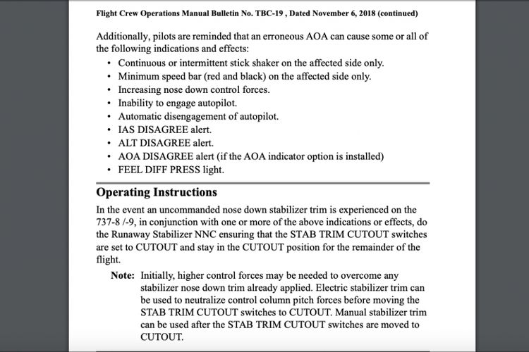 Instruksi operasional Boeing jika mengalami peristiwa Runaway Stabilizer saat terbang dengan 737 MAX.