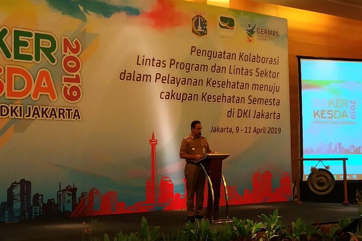 Gubernur DKI Jakarta Anies Baswedan memberikan sambutan dalam Rapat Kerja Kesehatan Daerah 2019