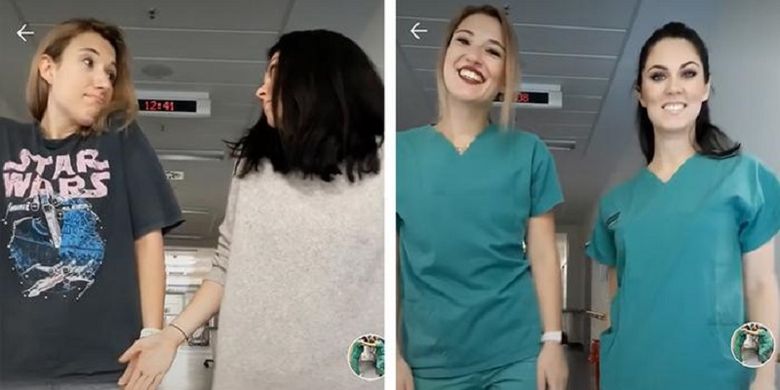 Salah satu potongan klip di TikTok, yang memperlihatkan dua staf rumah sakit awalnya mengenakan baju biasa, sebelum berganti menjadi seragam kerja. Rumah sakit di Dortmund, Jerman, itu menggunakan TikTok untuk menggaet peminat.