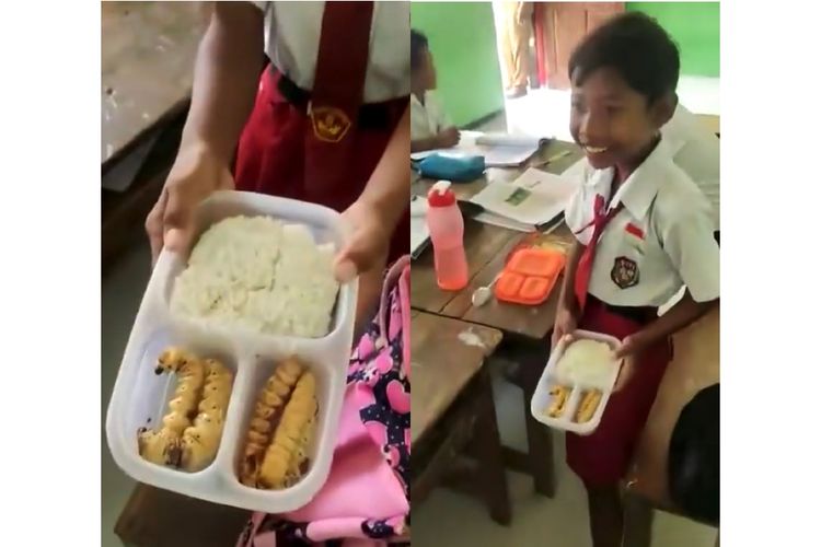Tangkapan layar video viral seorang anak SD bekal dengan lauk ulat sagu goreng 
