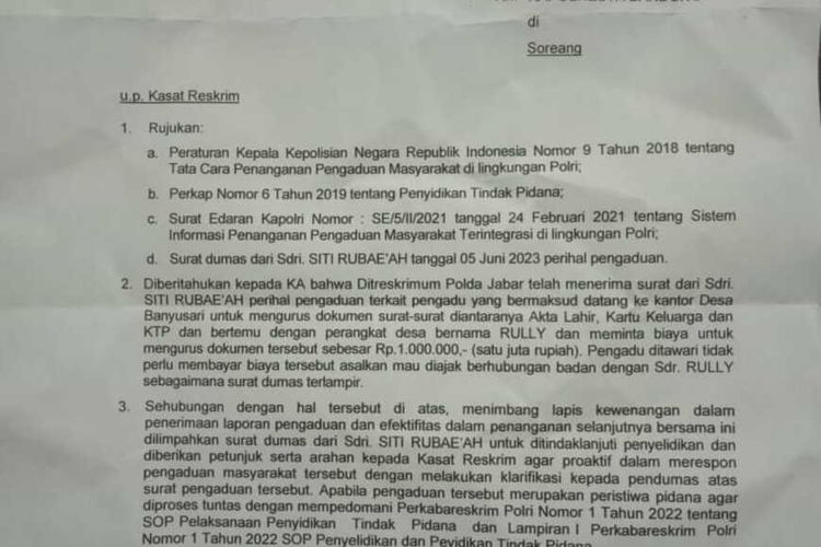 Surat peralihan kasus oknum perangkat Desa di Kabupaten Bandung yang memintai sejumlah uang dan mengajak berhubungab badan kepda salah seorang wanita di Kabupaten Bandung, Jawa Barat.