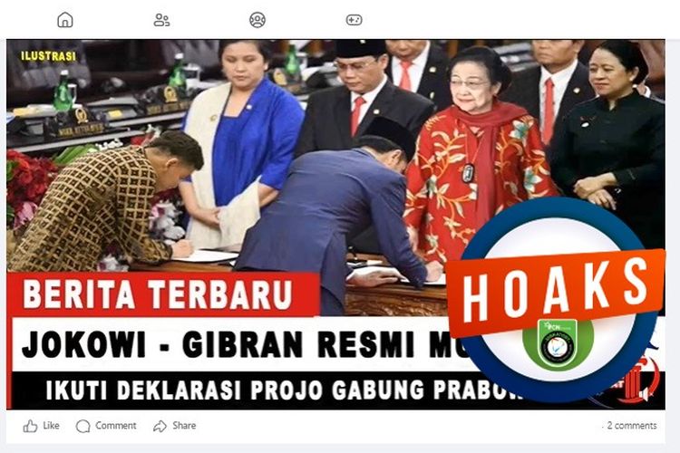Tangkapan layar Facebook narasi yang mengeklaim Jokowi dan Gibran mengundurkan diri dari PDI-P