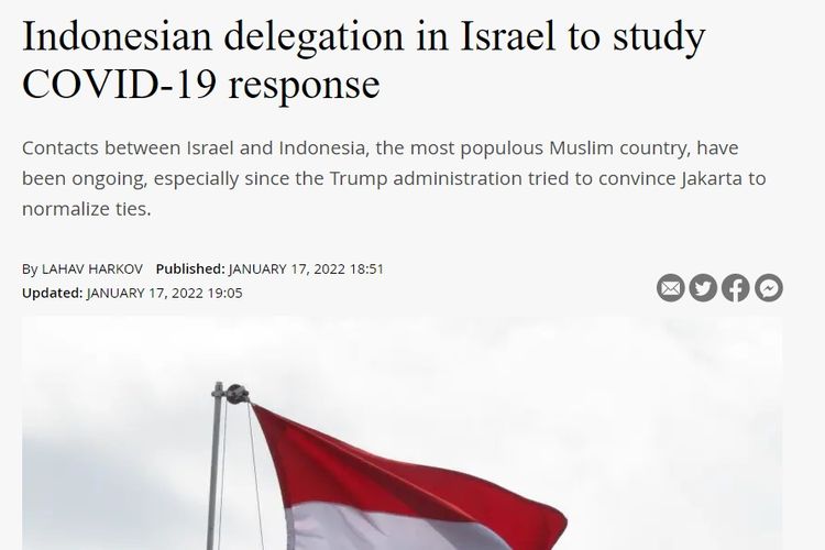 Tangkapan layar pemberitaan The Jerusalem Post yang menyebutkan delegasi pejabat kesehatan Indonesia berkunjung ke Israel untuk mempelajari cara penanganan Covid-19.