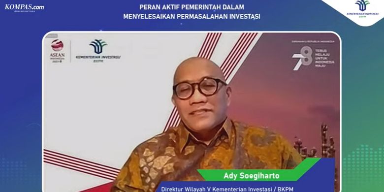 Direktur Wilayah V Kementerian Investasi/Badan Koordinasi Penanaman Modal (BKPM) Ady Soegiharto dalam acara web seminar (webinar) bertajuk Peran Aktif Pemerintah dalam Menyelesaikan Permasalahan Investasi melalui live streaming di YouTube Kementerian Investasi/BKPM, Rabu (26/10/2022).