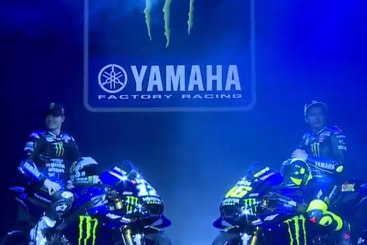 Peluncuran motor balap baru tim pabrikan Yamaha untuk MotoGP 2019 di Jakarta, Senin (4/2/2019). Menggandeng sponsor baru, mulai musim 2019 Yamaha akan menggunakan nama resmi Monster Energy Yamaha MotoGP Team.