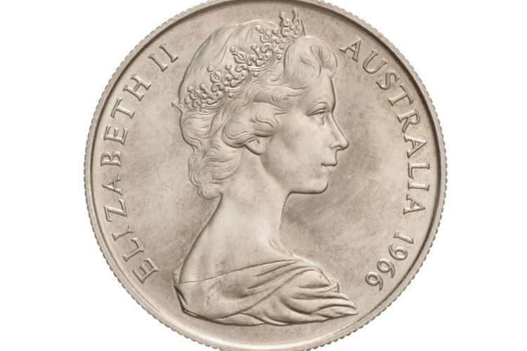 Desain dari Arnold Machin muncul di koin Australia tahun 1966.