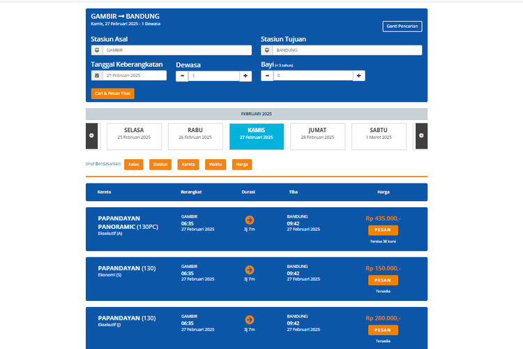 Menurut pantauan Kompas.com di situs resmi Kereta Api Indonesia (KAI), masih ada sisa tiket kereta Jakarta-Bandung untuk libur sekolah Ramadhan 2025 dengan harga dan jadwal berikut ini.