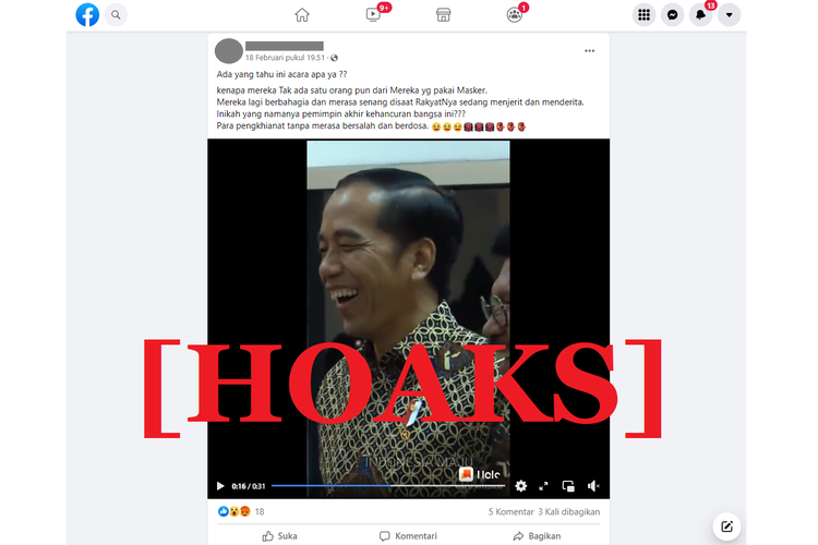 Tangkapan layar unggahan hoaks di sebuah akun Facebook, tentang video Presiden Jokowi dan para menteri tidak pakai masker saat rapat terbatas.