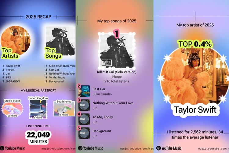 Statistik Youtube Music 2025 Recap menampilkan total durasi mendengarkan musik selama setahun, artis/musisi favorit, lagu paling sering didengarkan, paspor musik (musisi dari negara mana saja yang didengarkan), hingga daftar top album dan genre musik.
