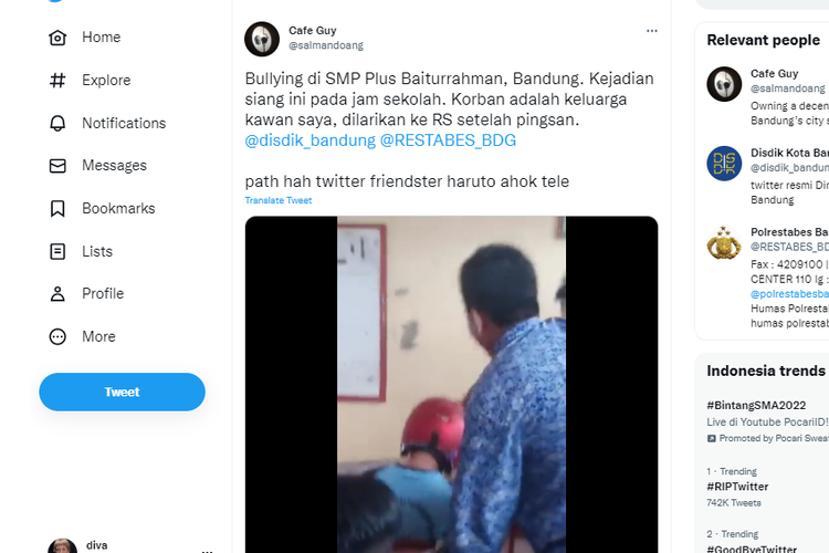 Tangkapan layar twit viral aksi perundungan siswa SMP di Kota Bandung