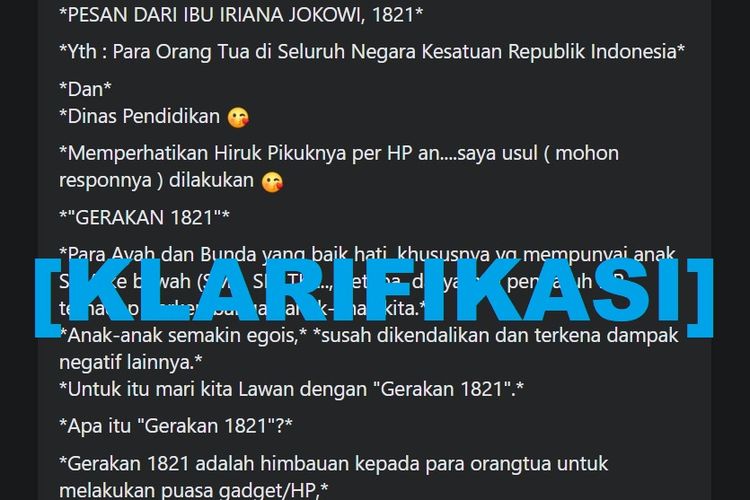 Beredar imbauan pembatasan pemakaian ponsel mengatasnamakan Iriana Jokowi. Imbauan itu sebenarnya dikeluarkan Kepala Dinas Pendidikan dan Kebudayaan Provinsi Jawa Tengah.