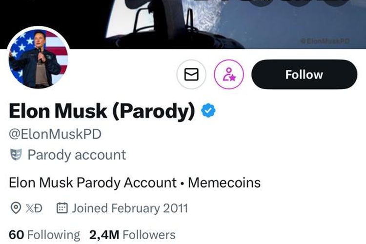 Contoh akun berlabel parodi di X yang memiliki handle @ElonMuskPD. Akun ini bukan akun asli Elon Musk, melainkan akun parodi.