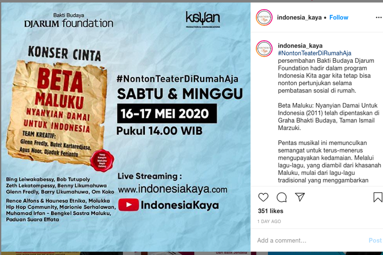 Konser Cinta Beta Maluku, Nyanyian Damai Untuk Indonesia bakal ditayangkan online pada 16 dan 17 Mei 2020
