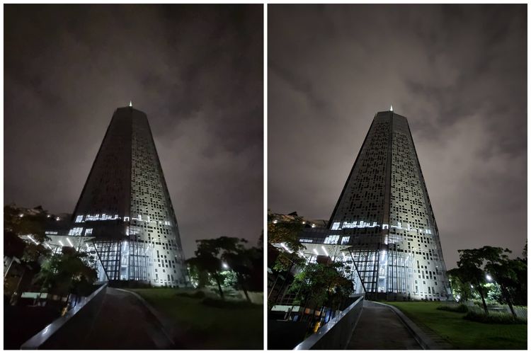 Perbandingan foto malam Samsung Galaxy S21 FE. Foto kiri tidak menggunakan fitur night mode, sementara foto kanan diambil dengan fitur night mode aktif. 