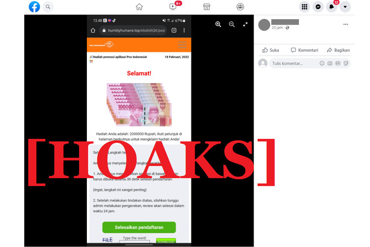 Tangkapan layar unggahan hoaks di sebuah akun Facebook, tentang tautan kuisioner PT Pos Indonesia berhadiah Rp 2.000.0000.